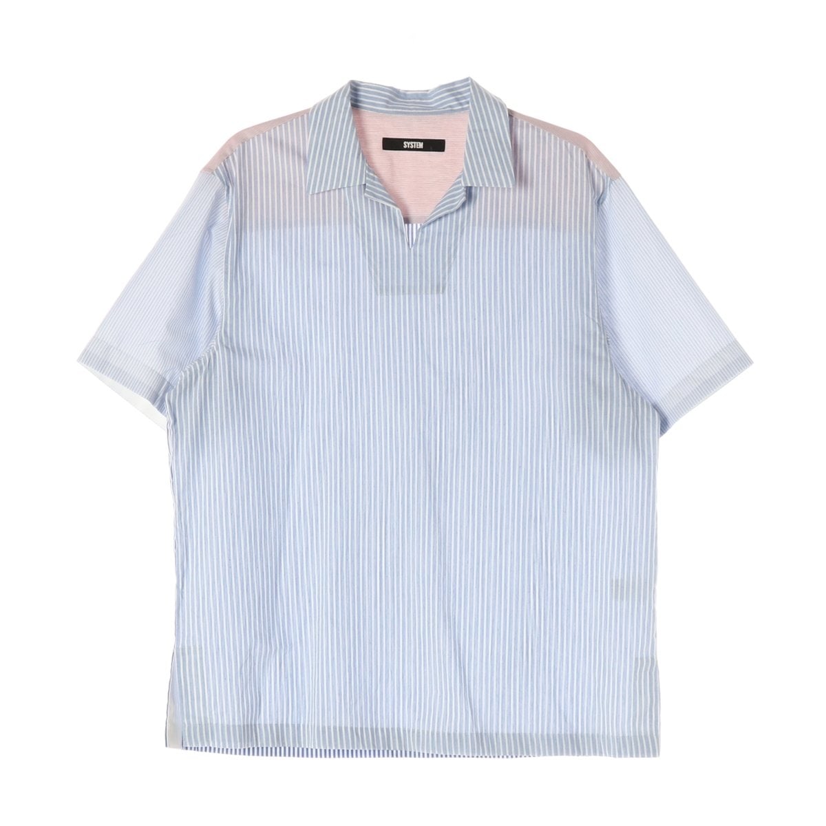 시스템 린넨 스트라이프 오픈카라 반팔 셔츠 스카이블루 XL 이미지 1