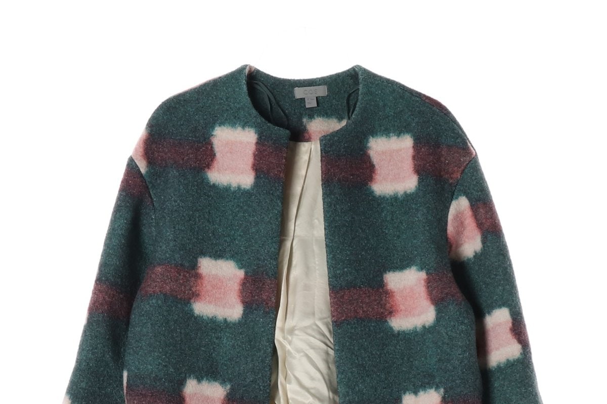 코스 울100% 라운드 숏 코트 재킷 그린 이미지 3
