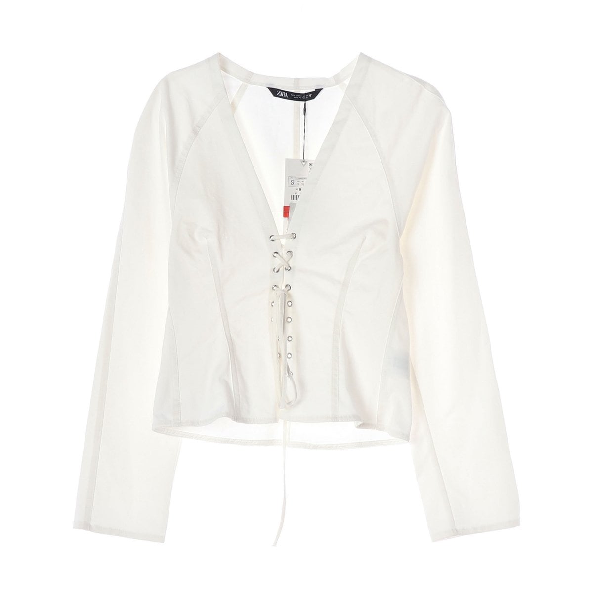 (새상품)자라 레이스업 브이넥 셔츠 블라우스 화이트 S 상세 이미지 1
