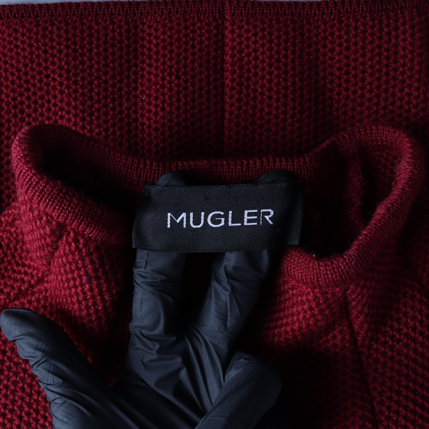 뮈글러 Mugler 퓨어울 100% 모크넥 니트 스웨터 버건디 레드 S 이미지 3