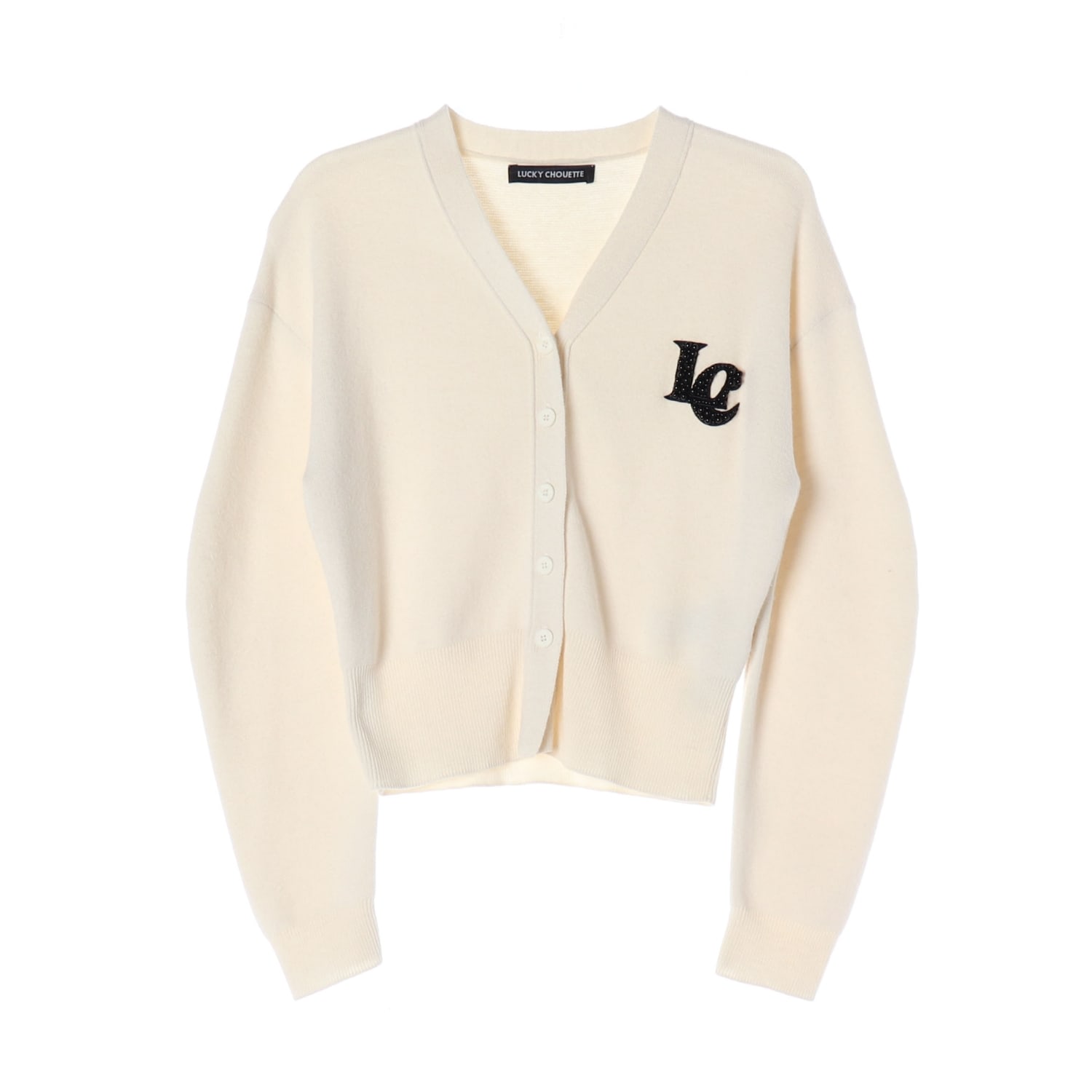 럭키슈에뜨 24FW LC 로고 패치 울 니트 가디건 아이보리  이미지 1