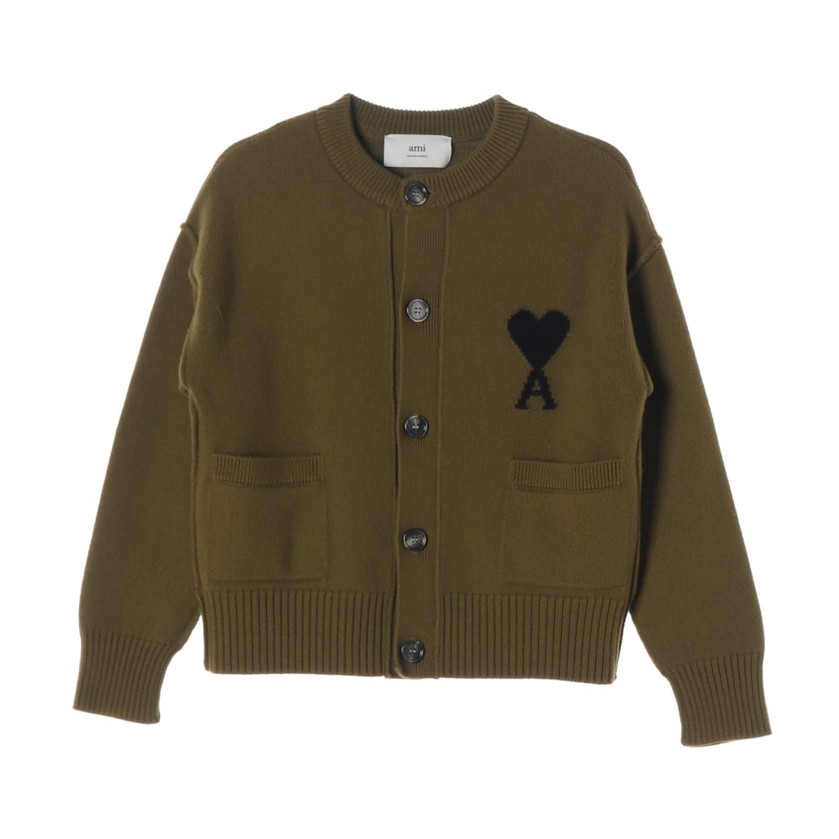 아미 25FW adc 인타르시아 하트 로고 크루넥 가디건 올리브 상세 이미지 1