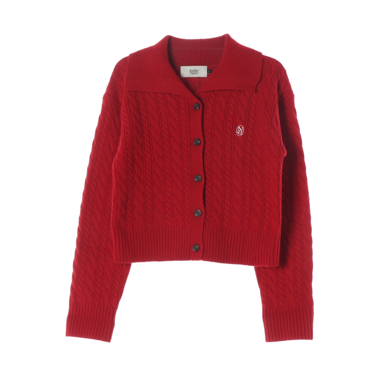 아틀리에 나인 23FW 케이블 니트 로고 카라 가디건 레드 상세 이미지 1
