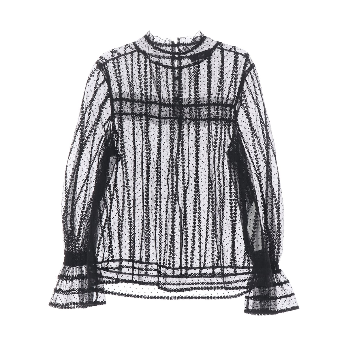 오즈세컨 22FW 쉬폰 레이스 플로킹 셔링 넥 블라우스 상세 이미지 1