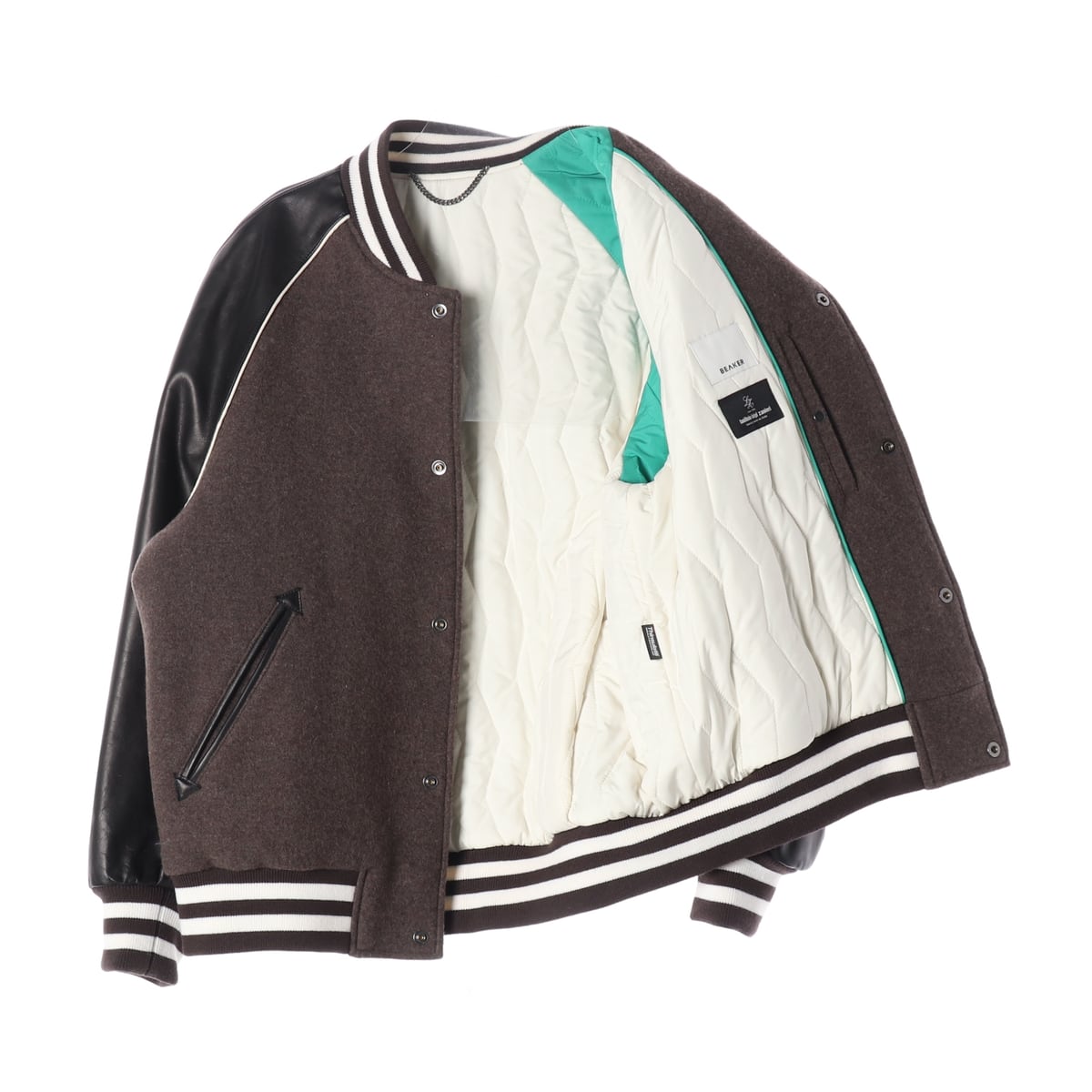 비이커 22FW 울 블렌드 레더 슬리브 바시티 재킷 상세 이미지 2