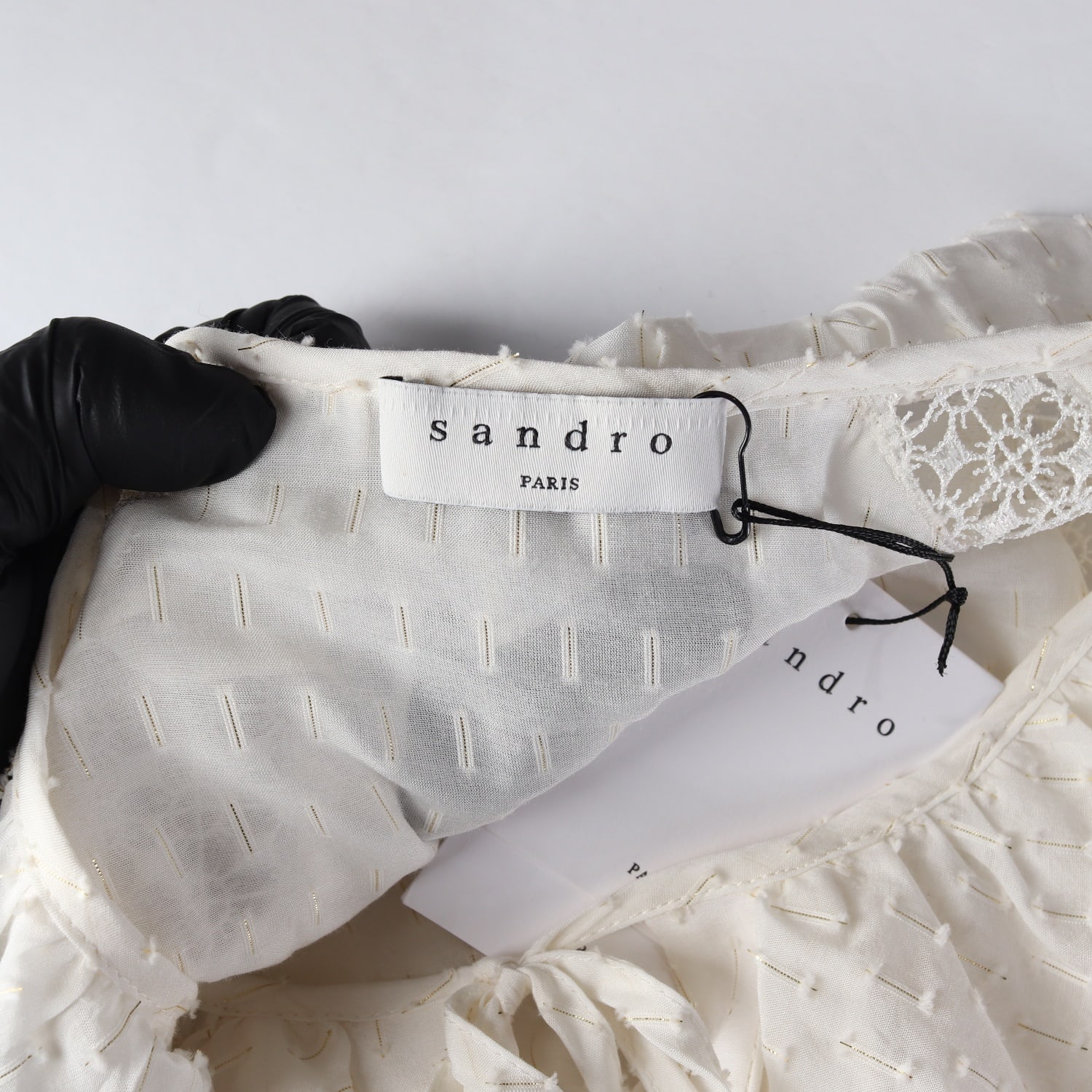 (새상품) 산드로 실크 코튼 레이스 러플 카라 블라우스 이미지 3