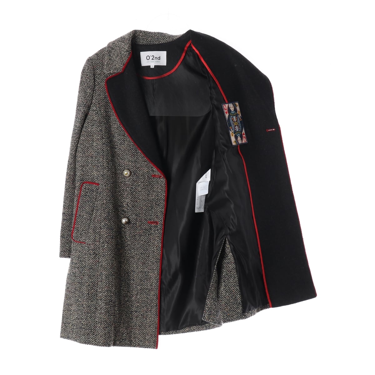 오즈세컨 헤링본 더블 버튼 배색 파이핑 롱 코트 상세 이미지 2