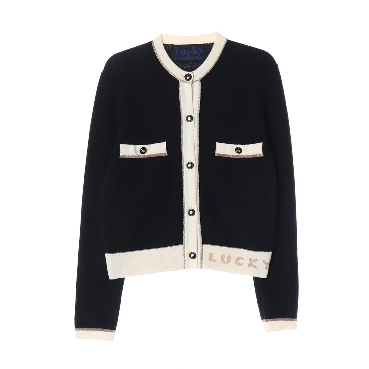 럭키슈에뜨 22FW 울 블렌드 배색 트위드 라운드 가디건 블랙 상세 이미지 1