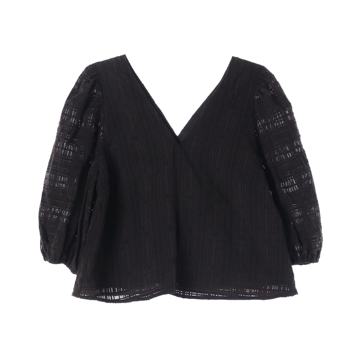 시에 브이넥 퍼프 소매 텍스처 블라우스 상세 이미지 1
