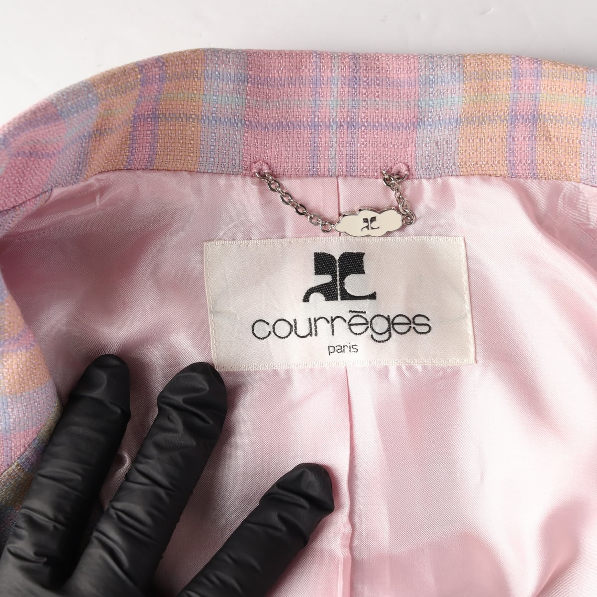 꾸레쥬 파스텔 체크 패턴 울 블레이저 쓰리버튼 재킷 핑크 상세 이미지 3