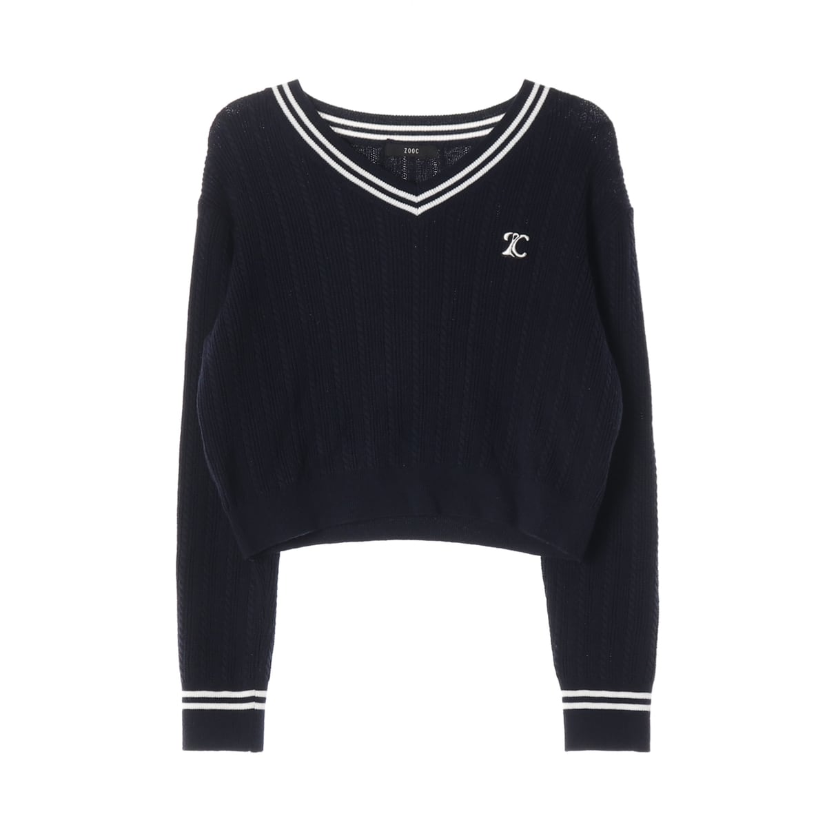 주크 22FW 브이넥 스트라이프 배색 로고 자수 크롭 니트 스웨터 상세 이미지 1