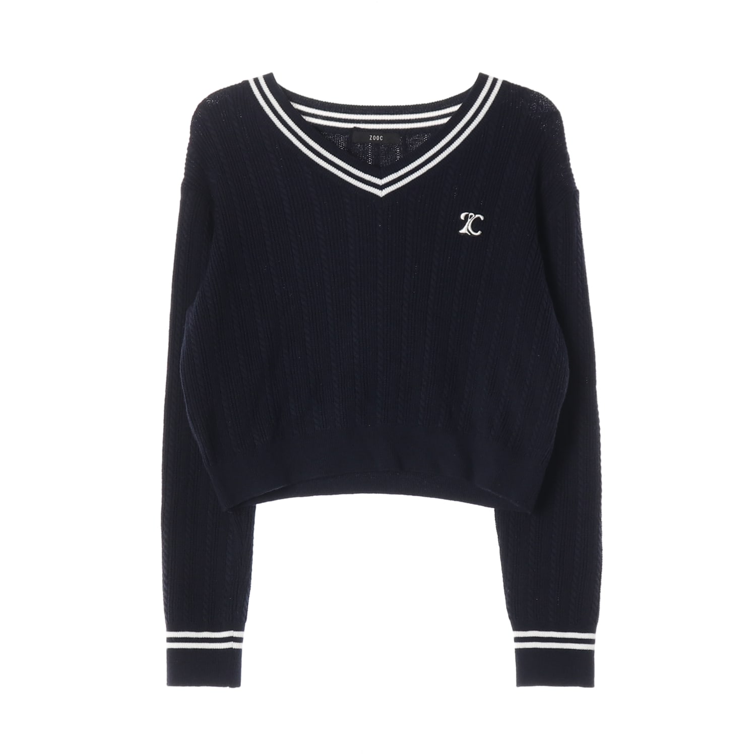 주크 22FW 브이넥 스트라이프 배색 로고 자수 크롭 니트 스웨터 이미지 1