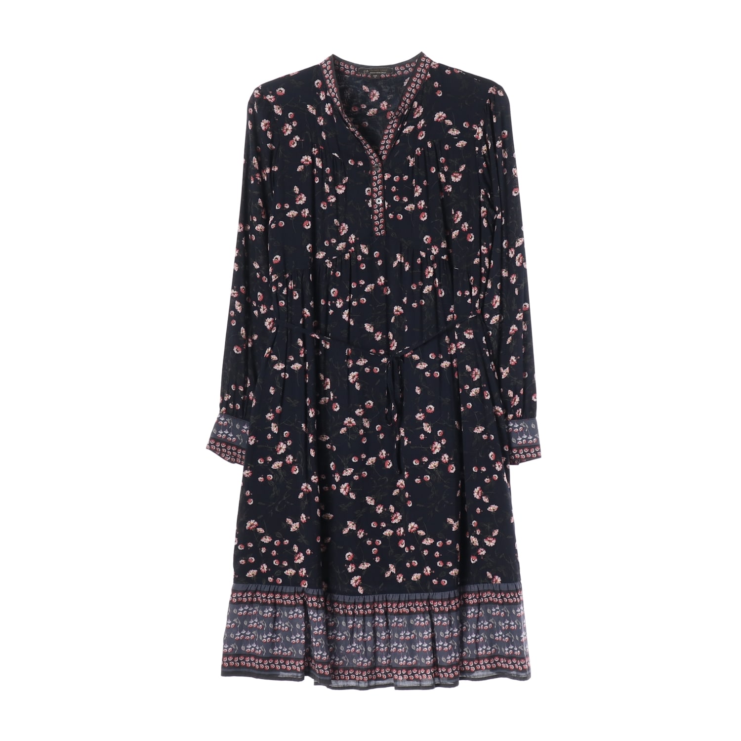 써스데이 아일랜드 플로럴 패턴 브이넥 셔링 롱 원피스 네이비 이미지 1