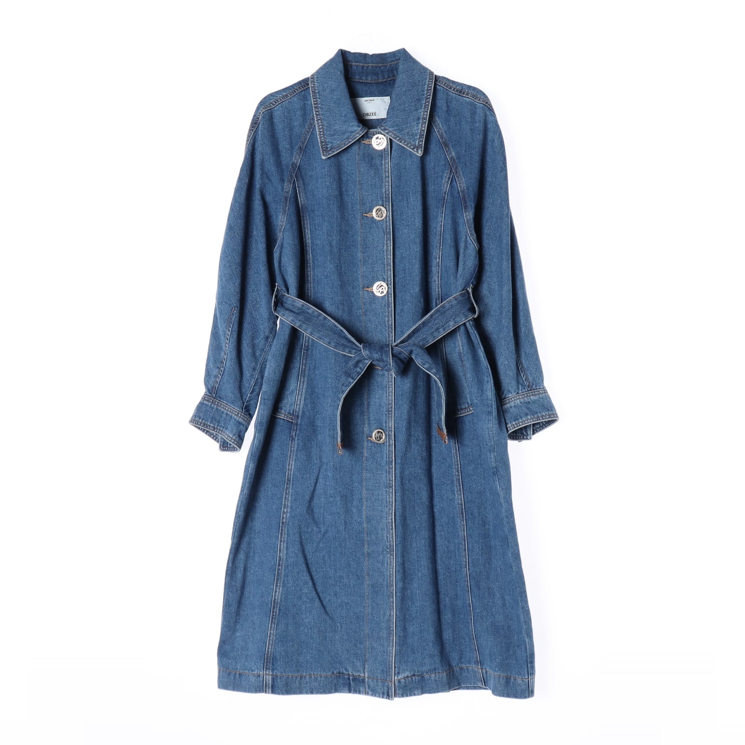 오브제 22FW 코튼 린넨 블렌드 벨티드 데님 싱글 트렌치 코트 블루 